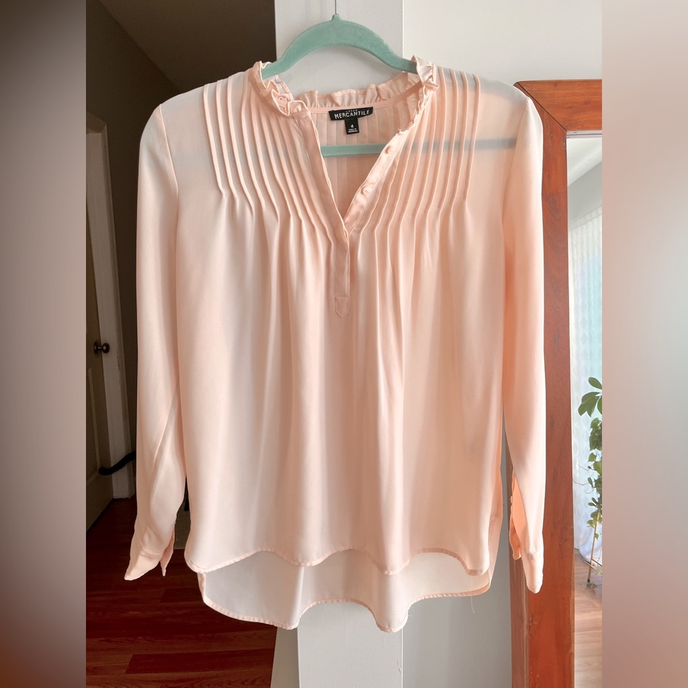 J.CREW MERCANTILE Pale Pink Ruffle Neck Long Sleeve Pleated Blouse